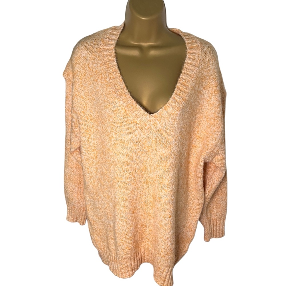 Hyfve Oversized V-Neck Sweater Textured Knit Pullover Orange M